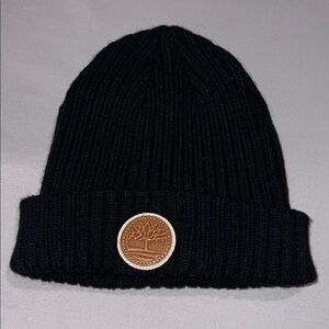 Timberland Black Ribbed Beanie with Brown Logo Patch